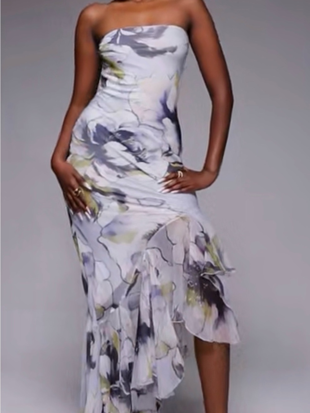 ASOS DESIGN Bandeau Maxi Dress Asymmetric Ruffle Hem Floral Print UK 8 US 4 - Picture 4 of 7